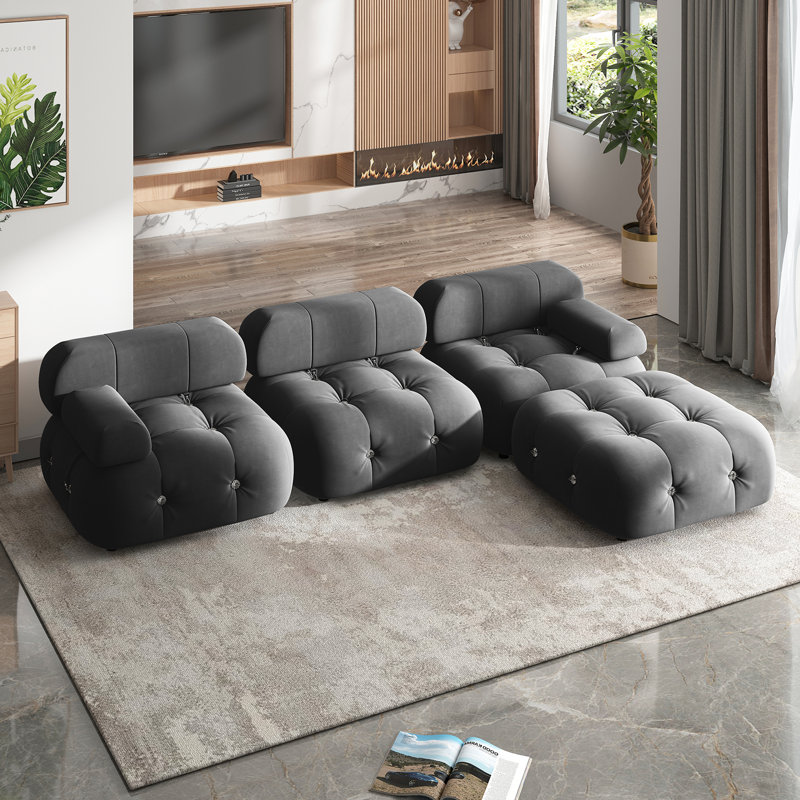 Ivy Bronx L Shaped Velvet Sectional Sofa With Reversible Chaise free Combination Ottoman 4 Seater Modular Sectional Sofa With Rivet Trim Convertible Sofa Couches For Living Room Reviews Wayfair